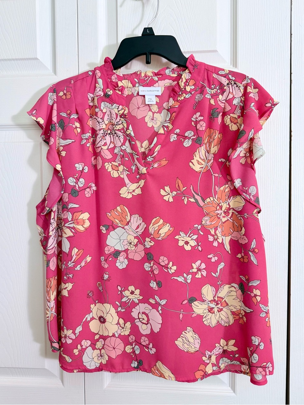 Liz Claiborne Pink Floral Ruffle Sleeve V-Neck Blouse